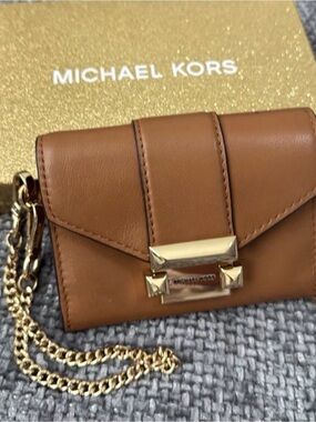 Michael Kors Tan Leather Mini Chain Wallet with Gold Hardware
